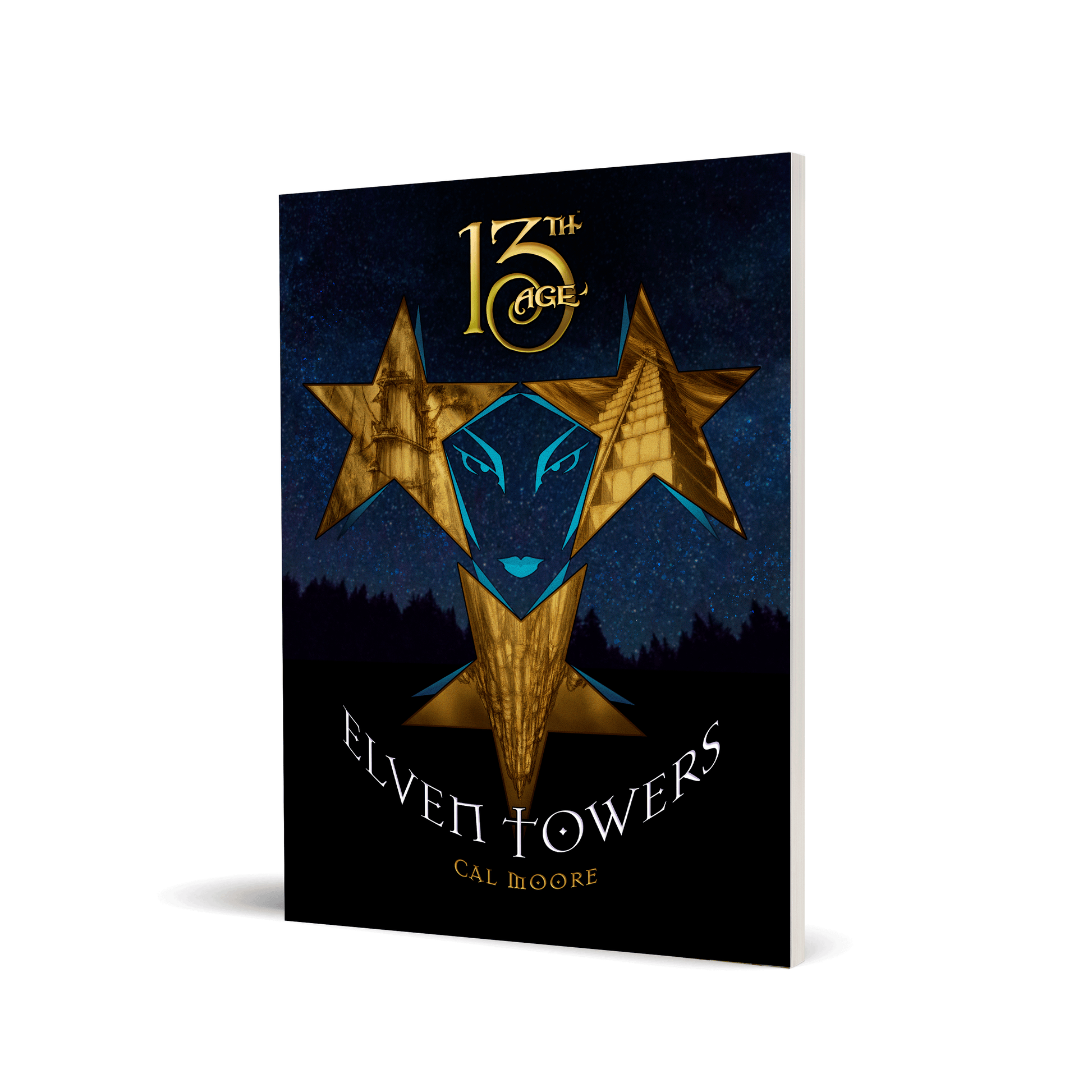 Book titled 13th Age Elven Towers by Cal Moore featuring golden stars and eyes on a starry background