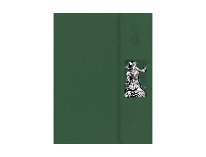 Dark green textured case with 'HEAVY PLAY' logo on a flap, revealing a B&W illustration of a fantasy woman peeking