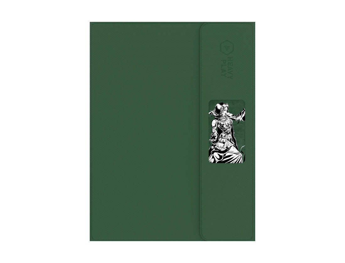 Dark green textured case with &#39;HEAVY PLAY&#39; logo on a flap, revealing a B&amp;W illustration of a fantasy woman peeking