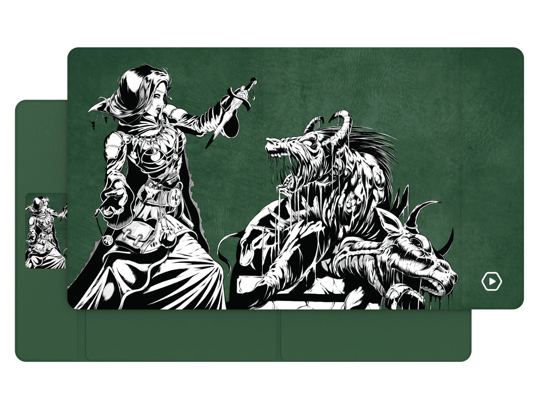 Black and white illustration on green: Woman brandishes sword at dripping, roaring horned monster