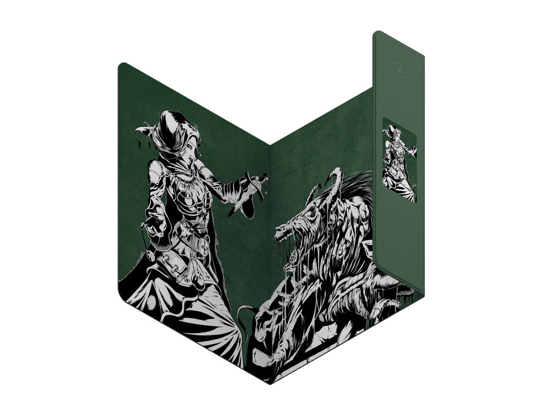 Opened dark green folio with black and white fantasy art: a gothic warrior woman aims a dagger at a snarling, horned monster