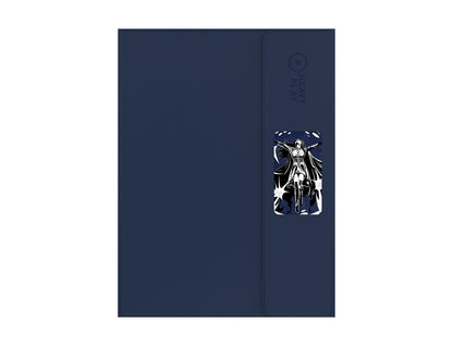 Dark blue textured 'HEAVY PLAY' tablet case with a stylized black and white illustration of a woman with outstretched arms