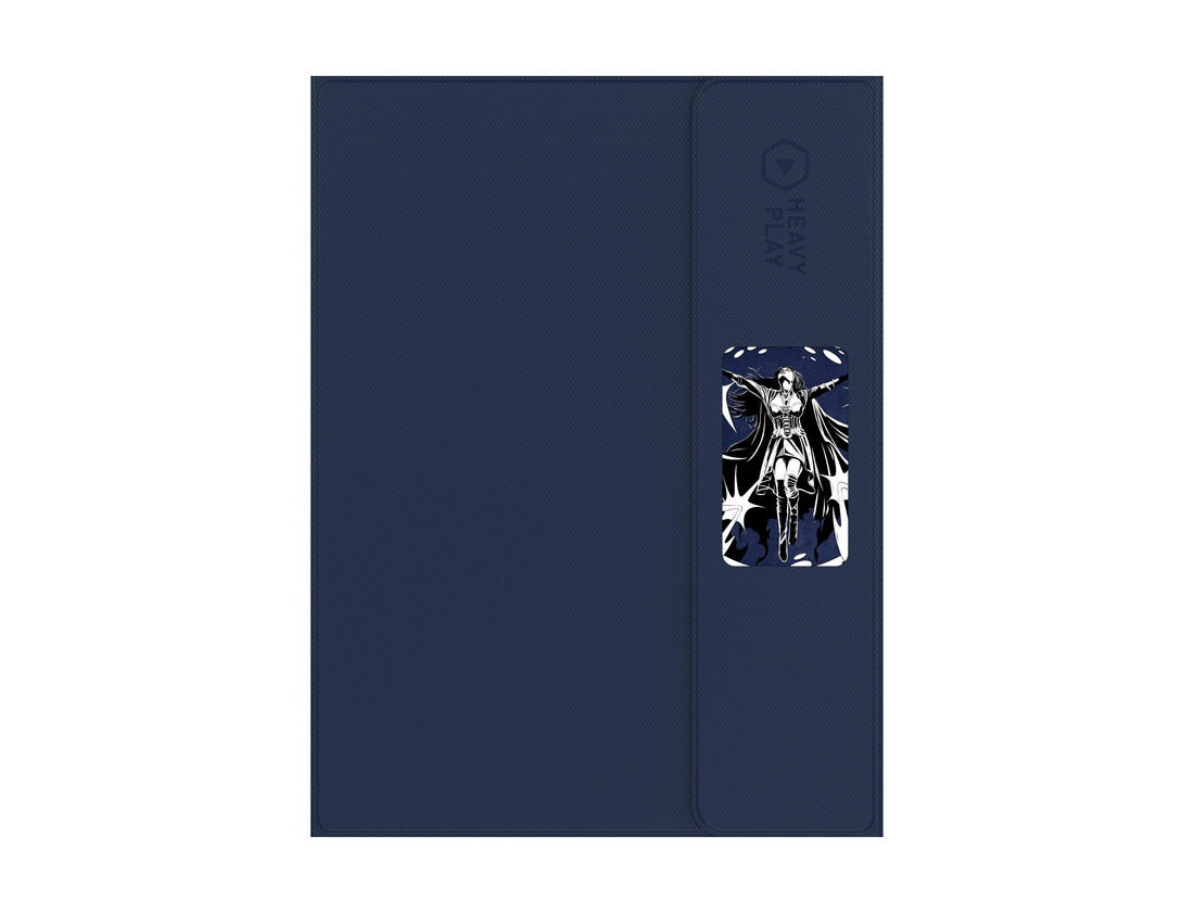 Dark blue textured &#39;HEAVY PLAY&#39; tablet case with a stylized black and white illustration of a woman with outstretched arms
