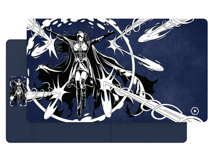 Black and white illustration: A female sorceress floats, arms outstretched, conjuring white energy blasts on a dark blue background