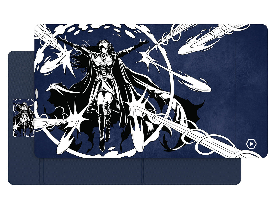 Black and white illustration: A female sorceress floats, arms outstretched, conjuring white energy blasts on a dark blue background