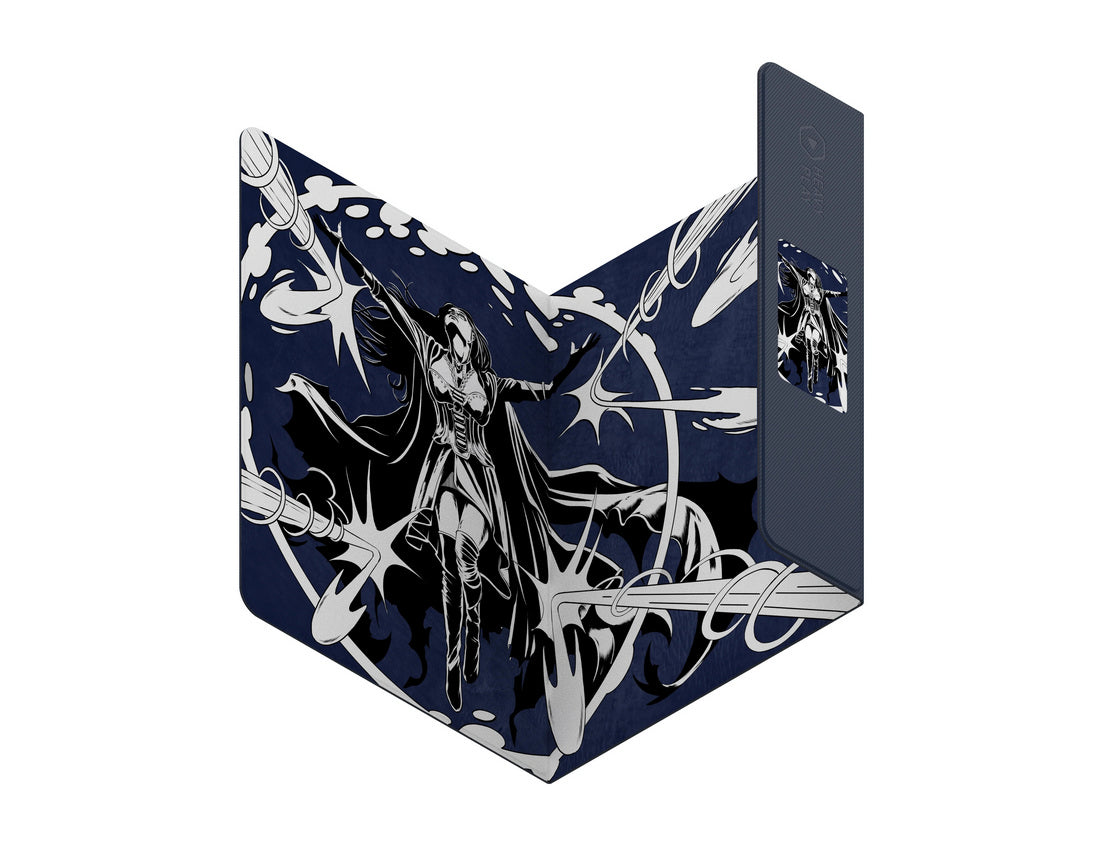 Stylized art of a woman with raised arms releasing white energy bursts against a dark blue background, displayed on a folding cover