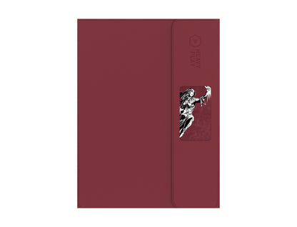 Textured maroon cover with 'HEAVY PLAY' logo and a black-and-white illustration of a female warrior wielding a blade