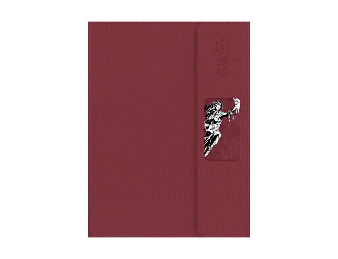 Textured maroon cover with &#39;HEAVY PLAY&#39; logo and a black-and-white illustration of a female warrior wielding a blade