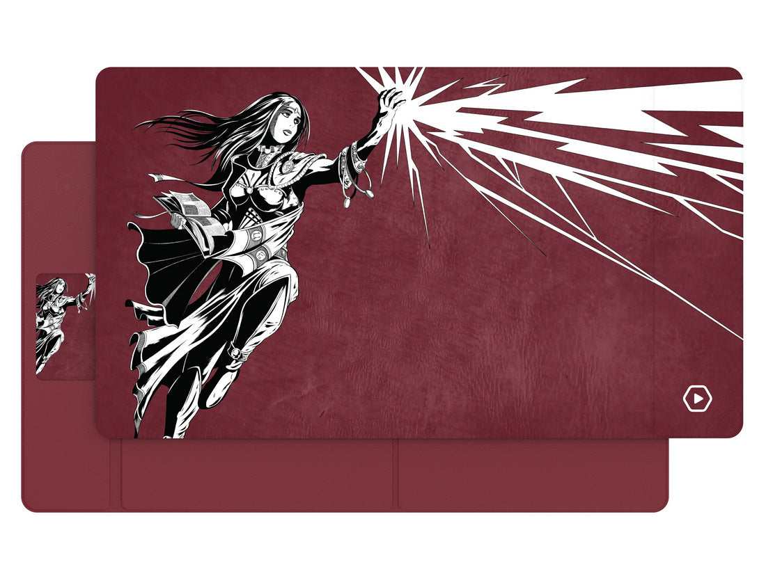 Monochromatic illustration of a sorceress casting a jagged white energy burst, holding an open book, on a red background