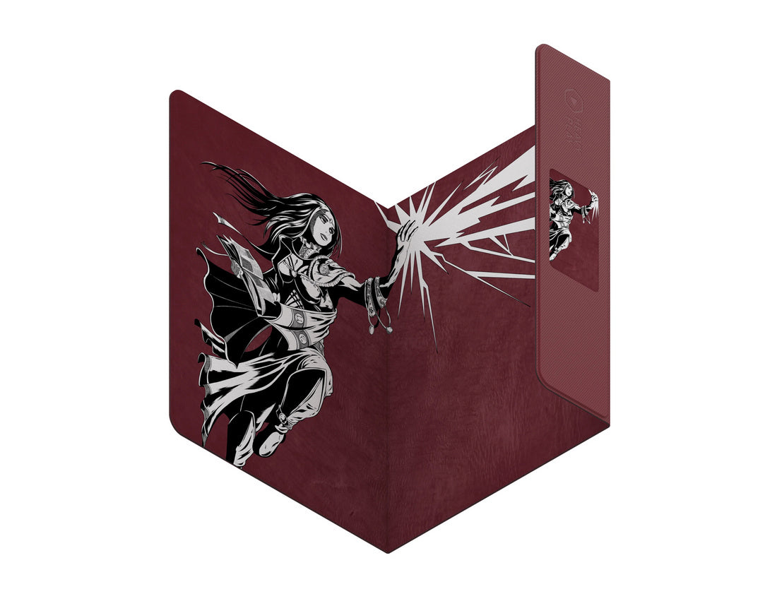 Burgundy folded folio with black-and-white art of a sorceress casting a spell, energy bursting from her hand