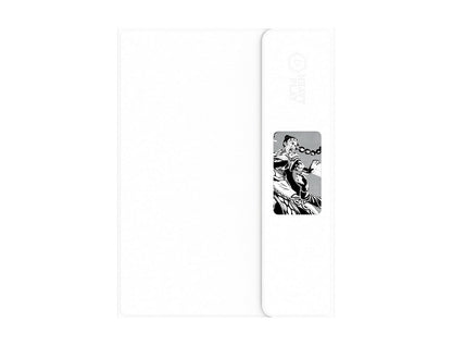 Black and white comic art: A woman screaming, hands raised, with a swinging beaded chain, on white packaging
