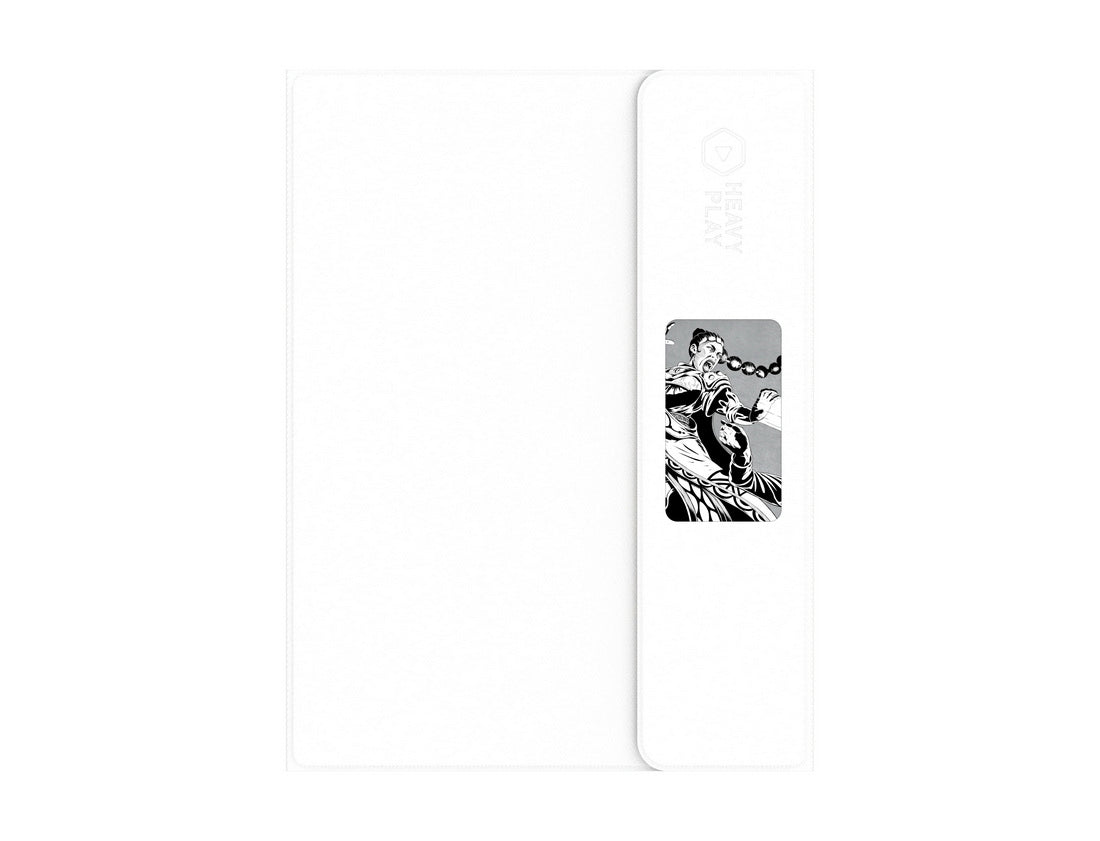 Black and white comic art: A woman screaming, hands raised, with a swinging beaded chain, on white packaging