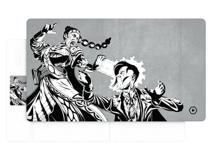 Black and white illustration of a powerful woman screaming at a man, who recoils as energy blasts from his face