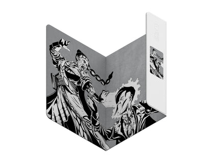 Black and white comic art on a folded panel: A woman with a knife attacks a wincing man whose face glows