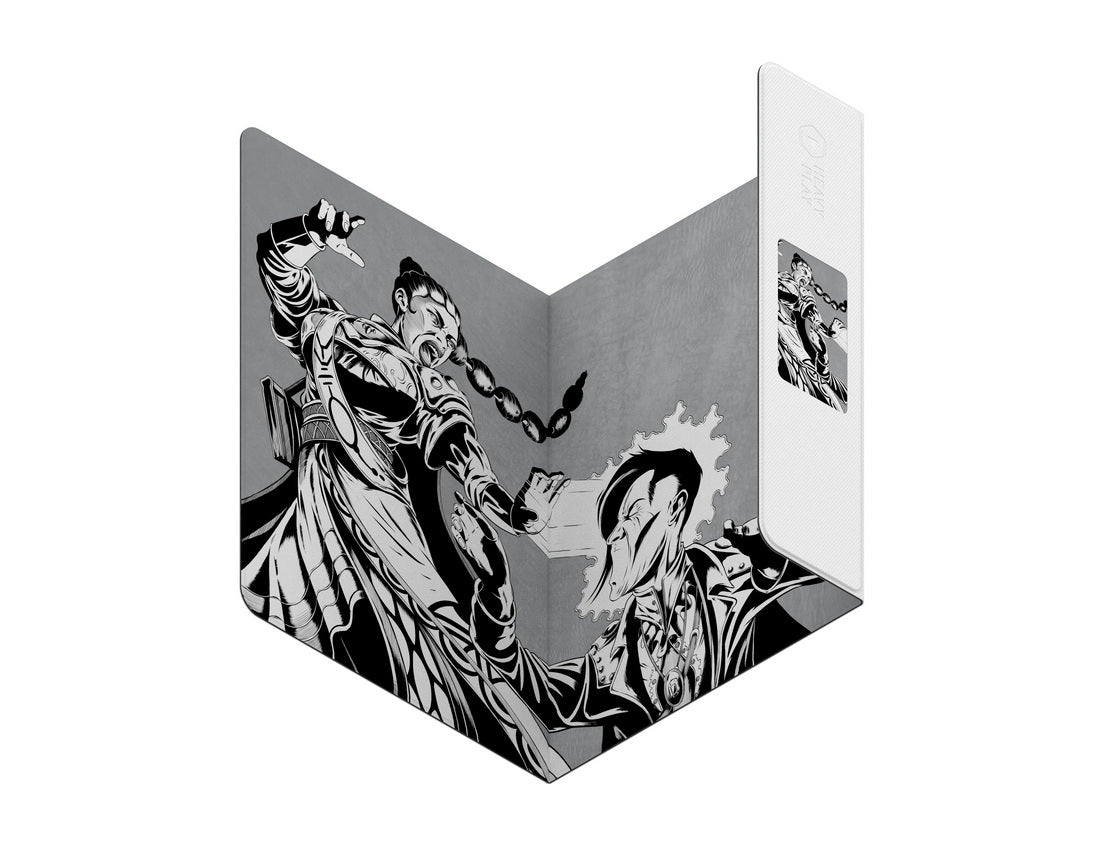 Black and white comic art on a folded panel: A woman with a knife attacks a wincing man whose face glows