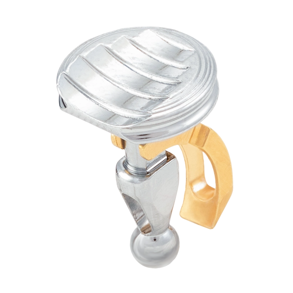 A two-tone silver and gold airbrush trigger with a ridged top and a hook-shaped attachment