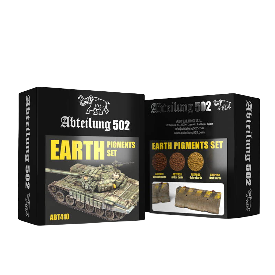 Two black boxes of Abteilung 502 Earth Pigments Set, showing a model tank, color swatches, and model terrain
