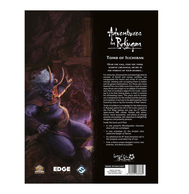 Horned purple demon with white hair gestures on "Adventures in Rokugan" game book cover