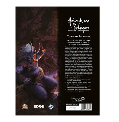 Horned purple demon with white hair gestures on "Adventures in Rokugan" game book cover