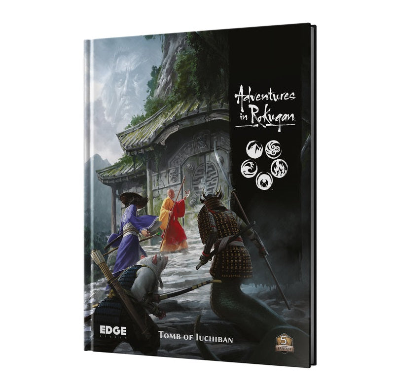 RPG book cover: 'Adventures in Rokugan: Tomb of Iuchiban'. Fantasy heroes (naga, rat-folk) approach ancient temple and ghostly face in sky