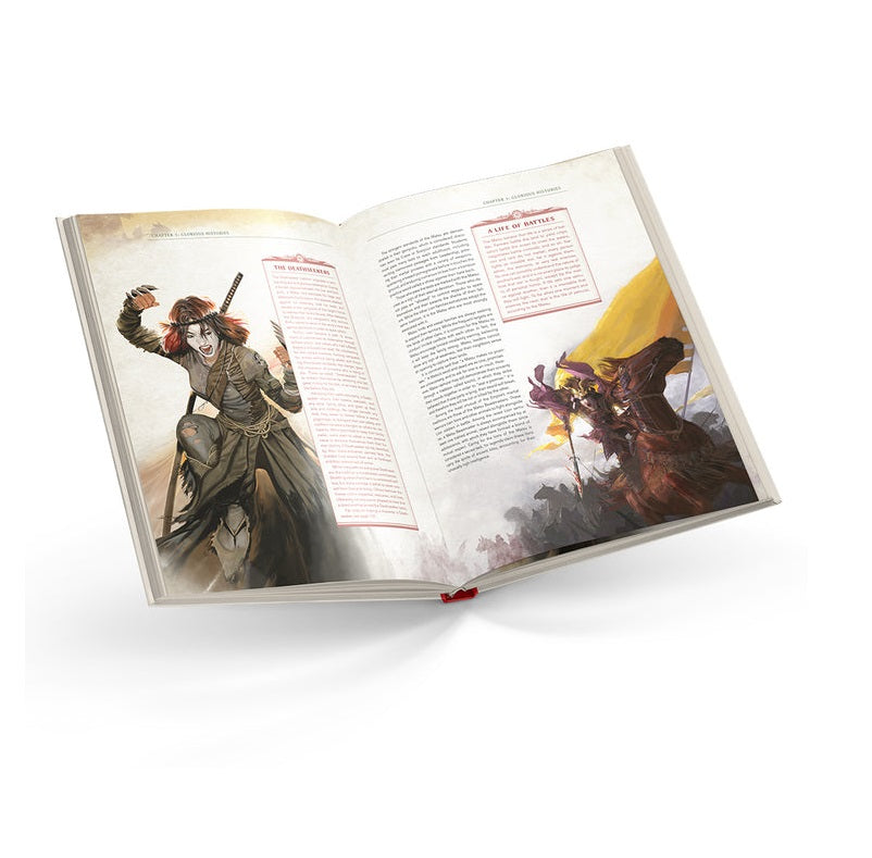 An open fantasy rulebook displays a dynamic female warrior on the left page and a mounted figure with a large banner on the right
