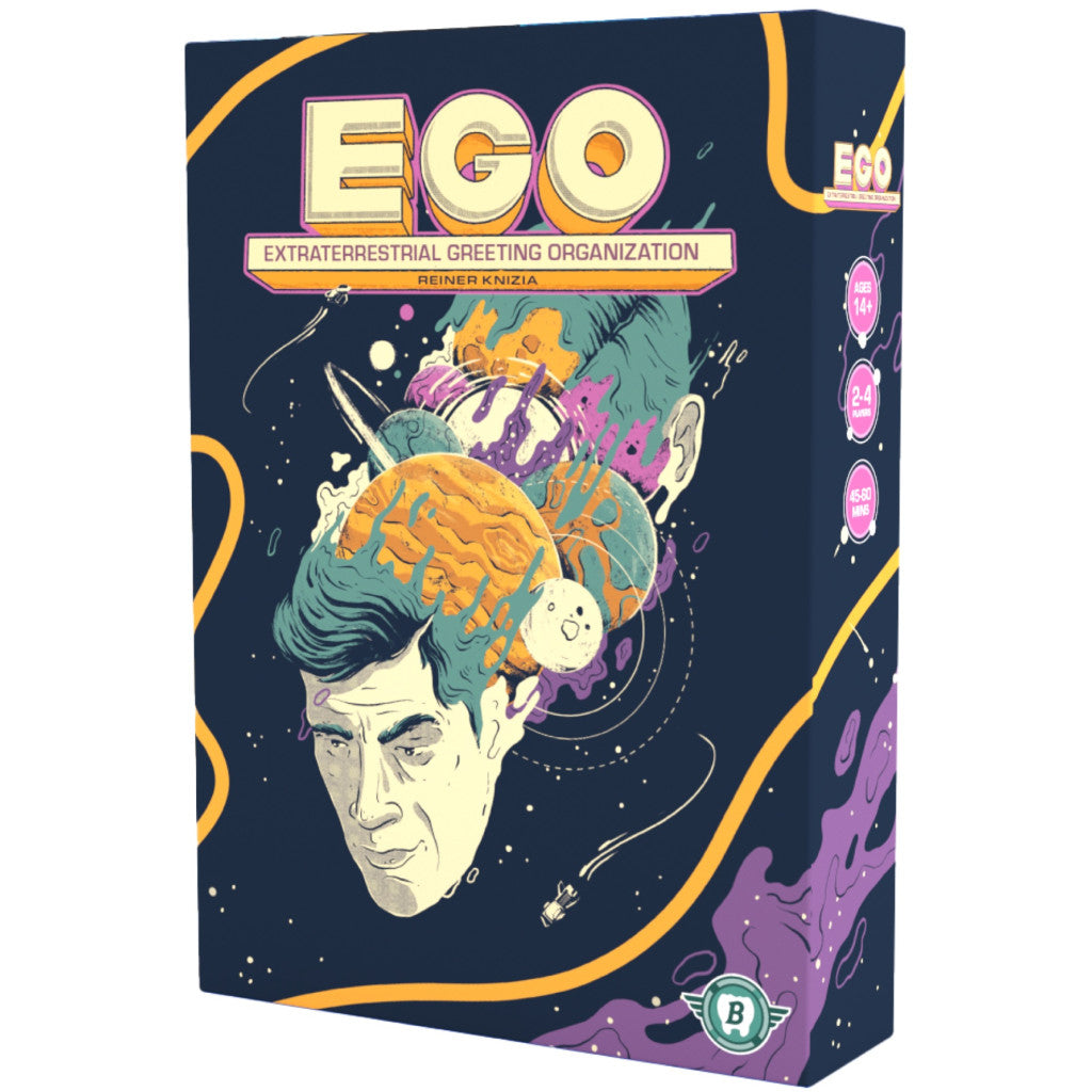 EGO board game box art: Man's head with planets and space elements in a vibrant, retro sci-fi style