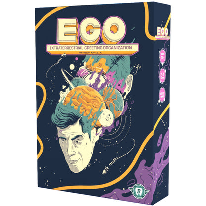 EGO board game box art: Man's head with planets and space elements in a vibrant, retro sci-fi style