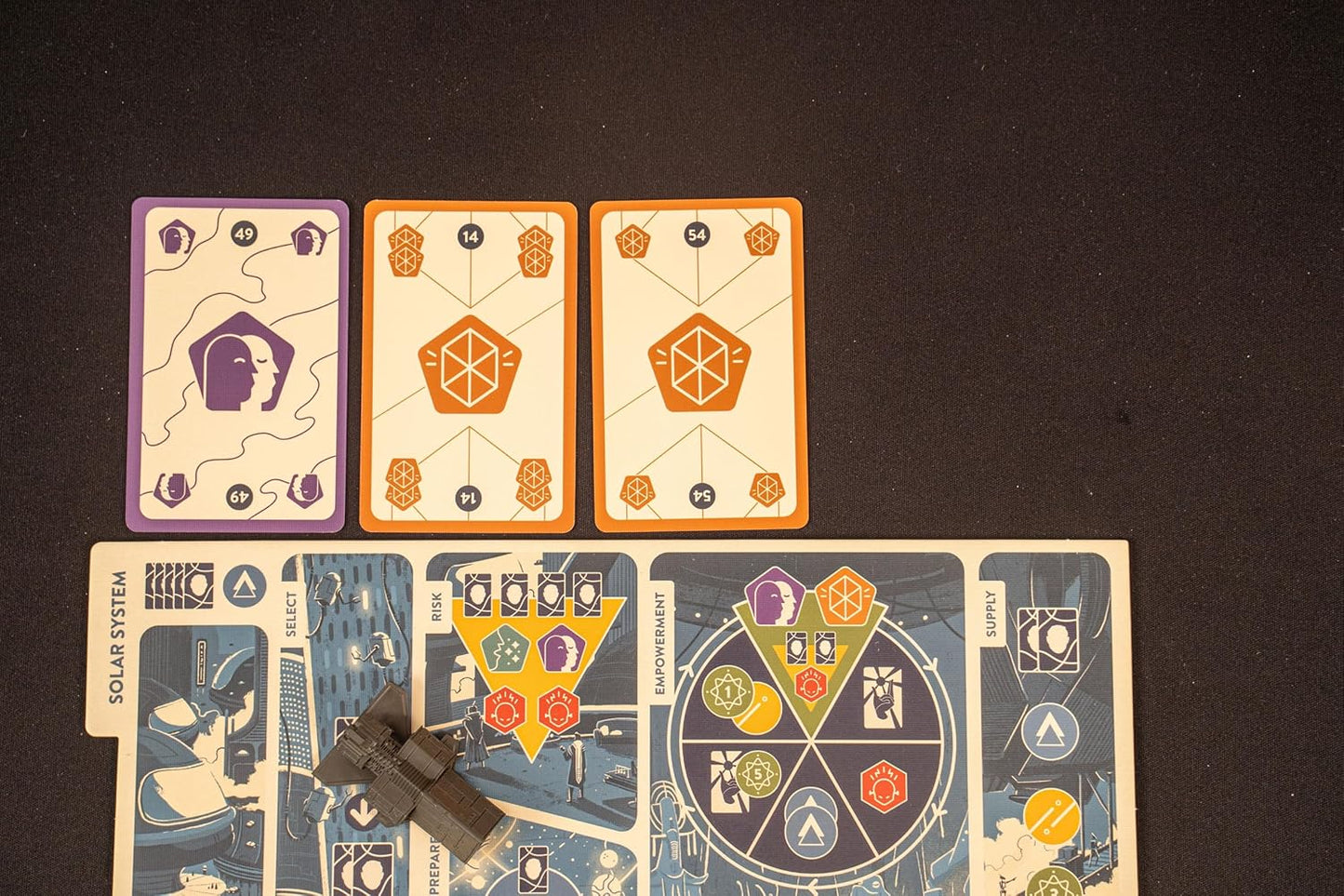 A gray spaceship token rests on a board game showing "Solar System" and "Risk" sections, with three colorful cards nearby