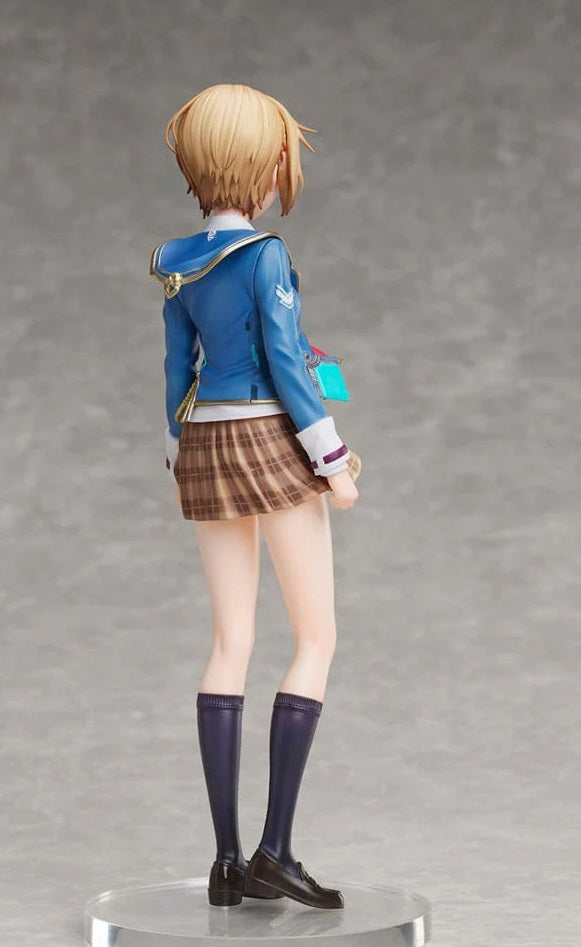Side angle of Ruka in dynamic pose with foot forward and weapon raised
