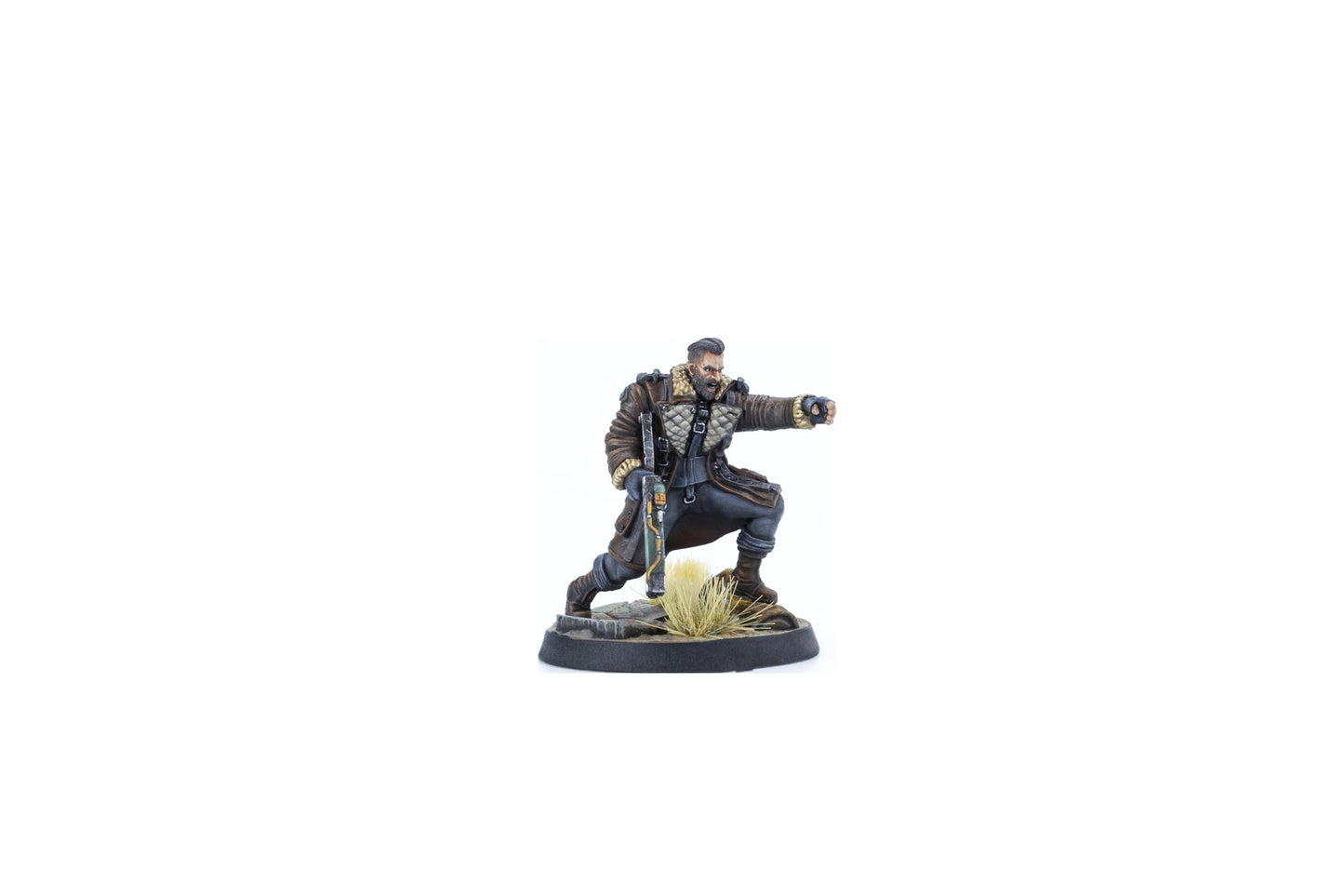 Painted miniature of a bearded man in a brown coat, crouching, holding a rifle, and pointing forward