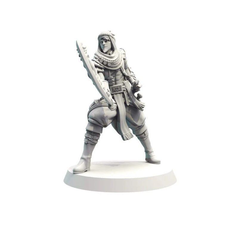 Grayscale miniature of a desert warrior wearing a headscarf, holding a large serrated sword and drawing a dagger.