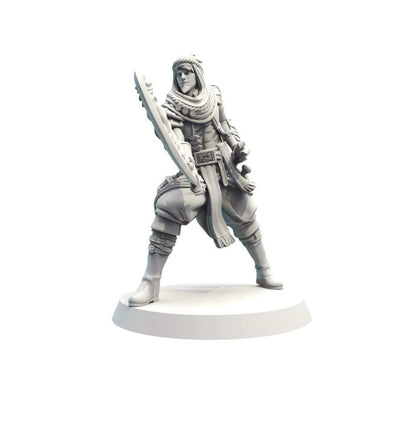 Grayscale miniature of a desert warrior wearing a headscarf, holding a large serrated sword and drawing a dagger.