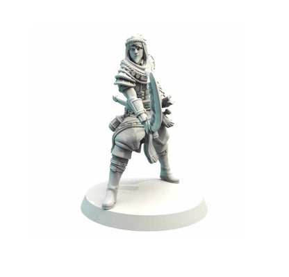 Unpainted miniature of a fantasy warrior in a turban and armor, holding a curved sword, standing on a base.