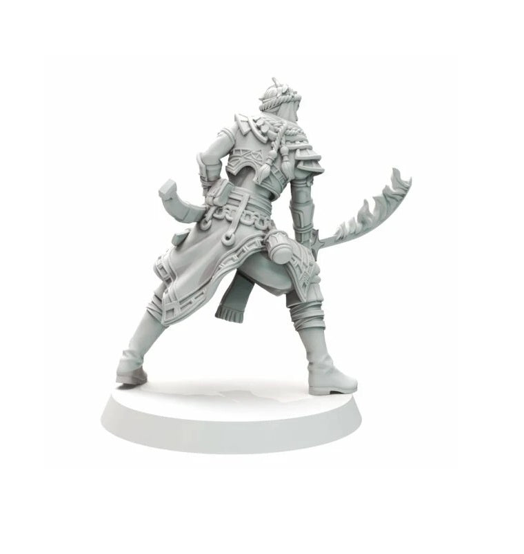 Rear view of an unpainted gray fantasy warrior miniature in ornate armor, holding a curved sword in a dynamic pose on a base.