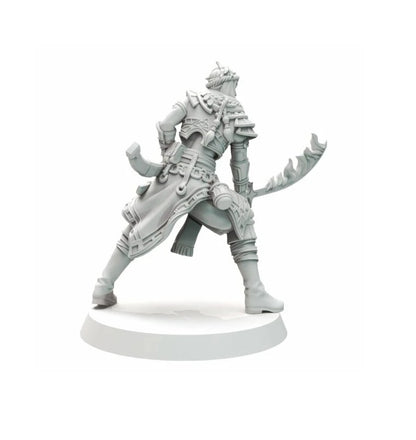 Rear view of an unpainted gray fantasy warrior miniature in ornate armor, holding a curved sword in a dynamic pose on a base.