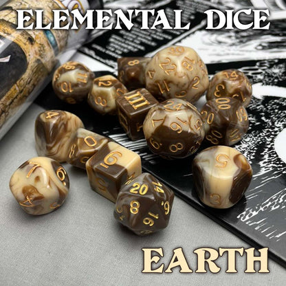 Earth-toned, swirled brown and cream polyhedral RPG dice with gold numbers. Text overlay: Elemental Dice Earth