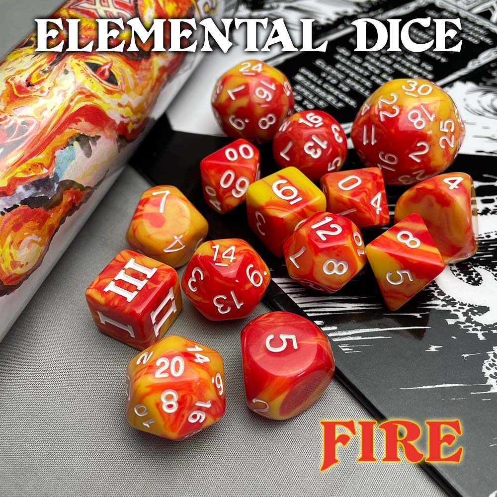 Elemental Dice Fire set: Red and yellow marbled polyhedral dice with white numbers, a complete TTRPG dice set with flame-like patterns