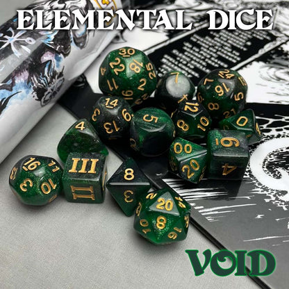 Collection of dark green and gold polyhedral dice on a black & white fantasy illustration background
