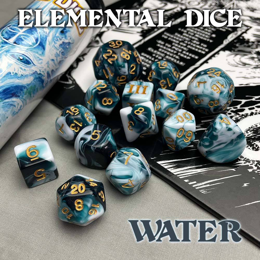 Elemental Water dice set: swirling blue-green & white resin dice with gold numbers, beside a matching tumbler & fantasy art
