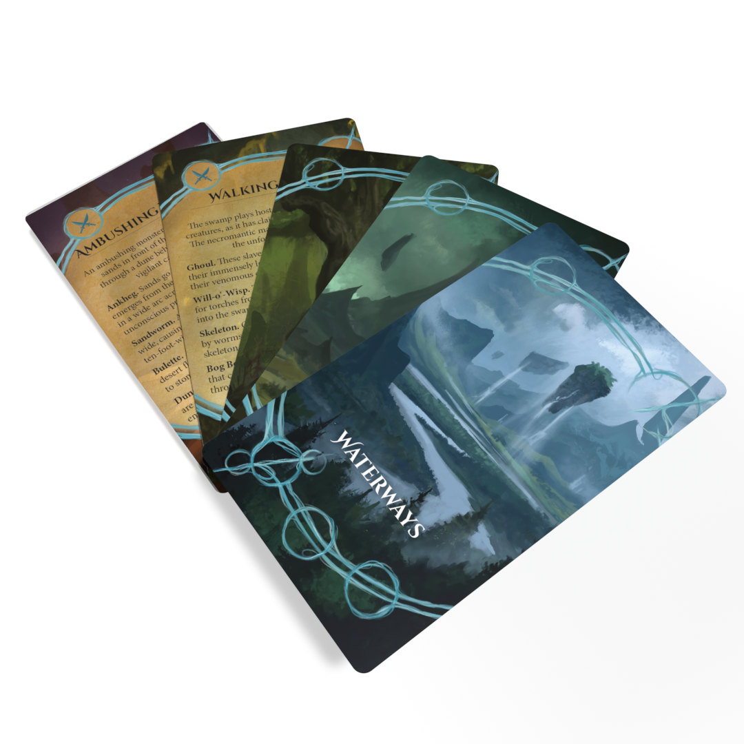 Five game cards fanned out, revealing fantasy art and titles like Waterways, Ambushing, and Walking