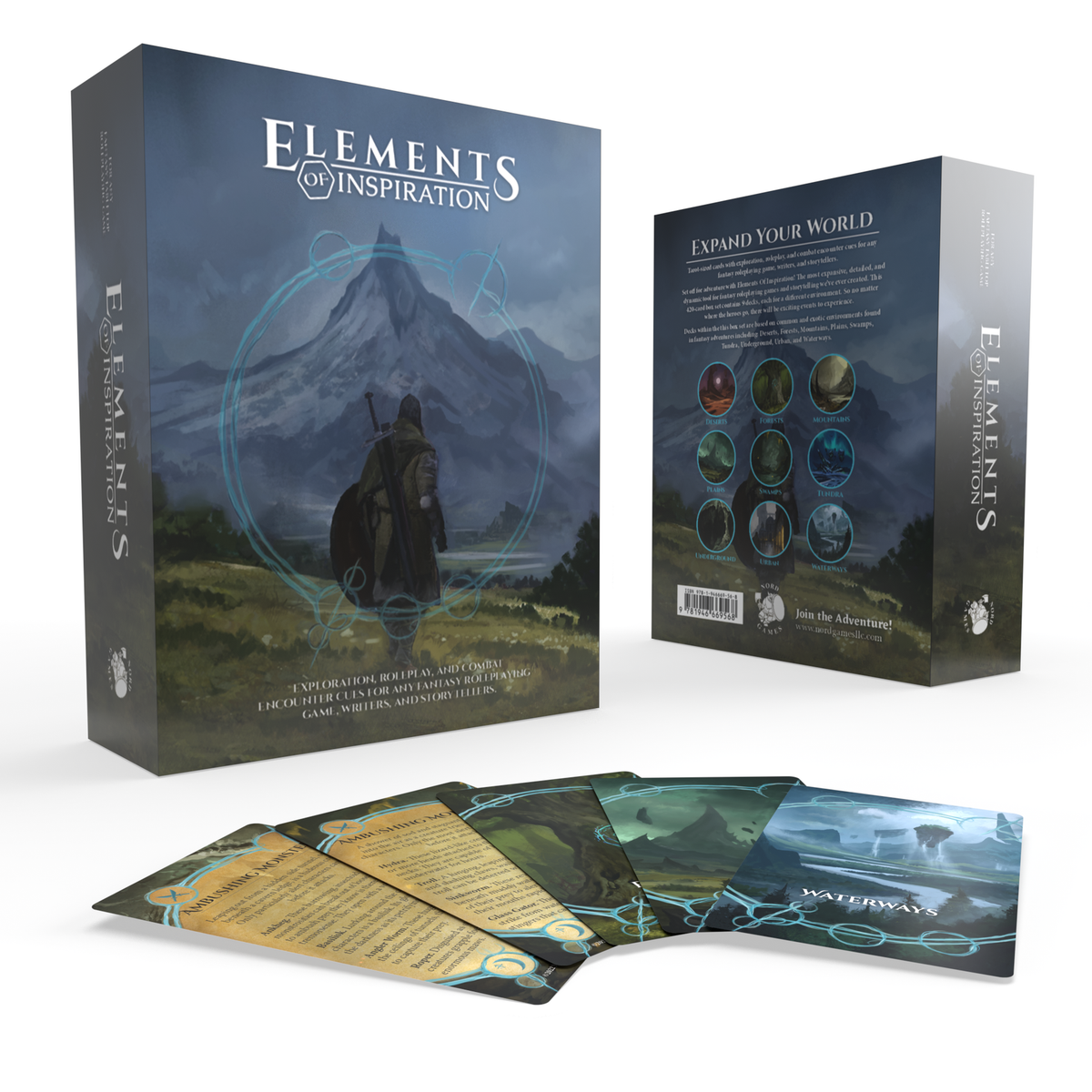 A Nord Games Game Masters Toolbox Elements of Inspiration box set featuring a figure facing mountains, with fanned-out fantasy landscape cards