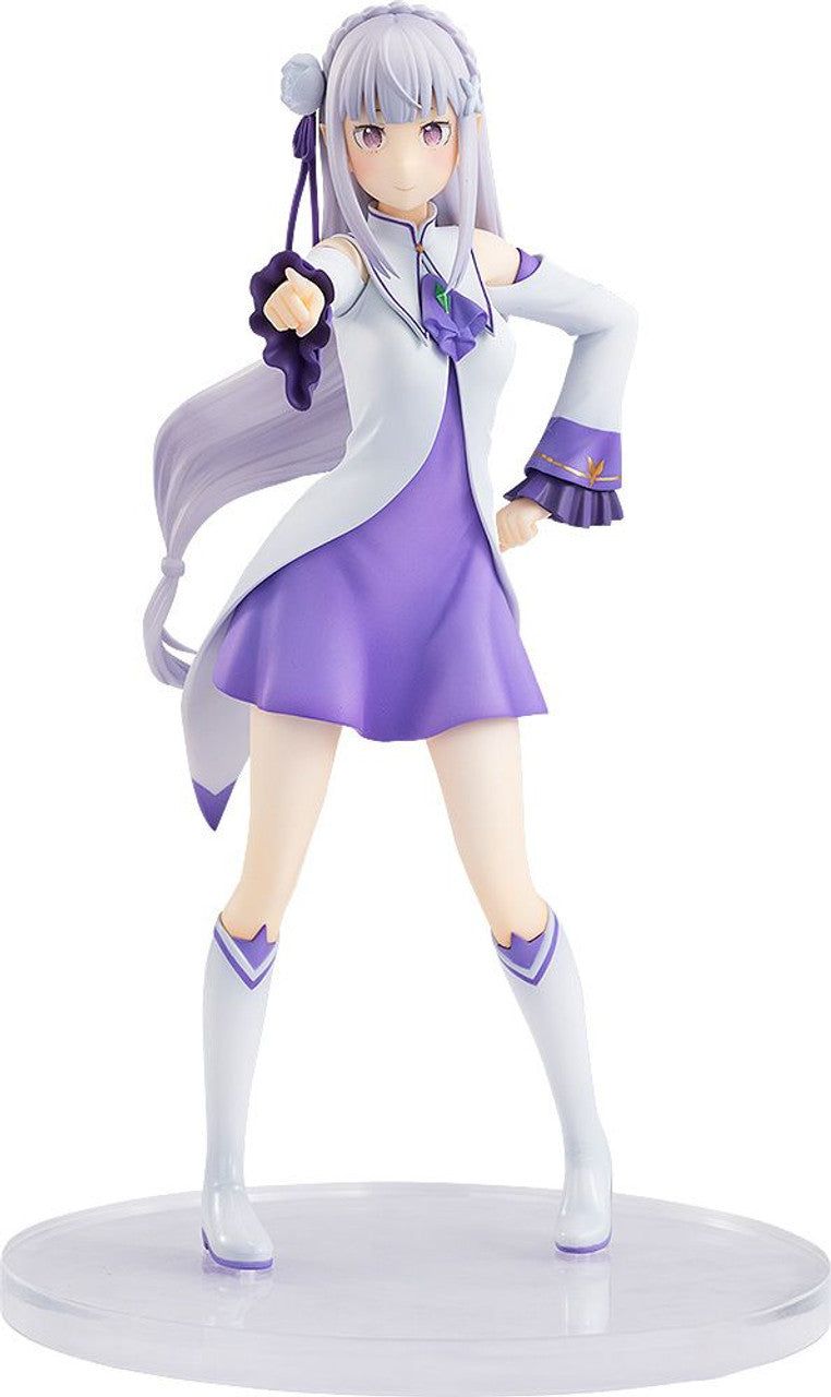 Anime figure of a girl with long lavender hair, wearing a white and purple dress, pointing forward