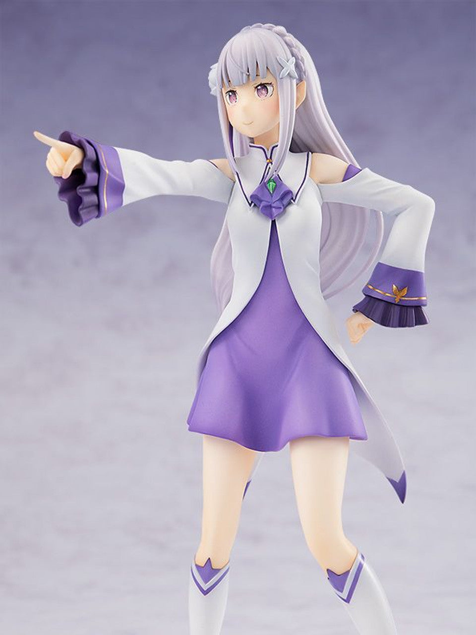Anime figure of a girl with long lavender hair, wearing a white and purple dress