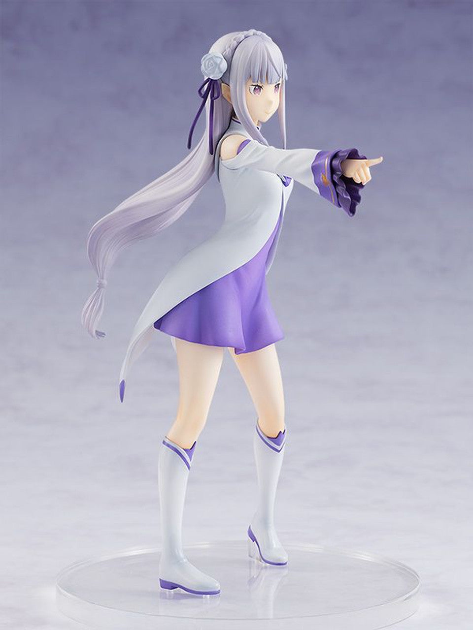 Angled view of Anime figure of a girl with long lavender hair, wearing a white and purple dress