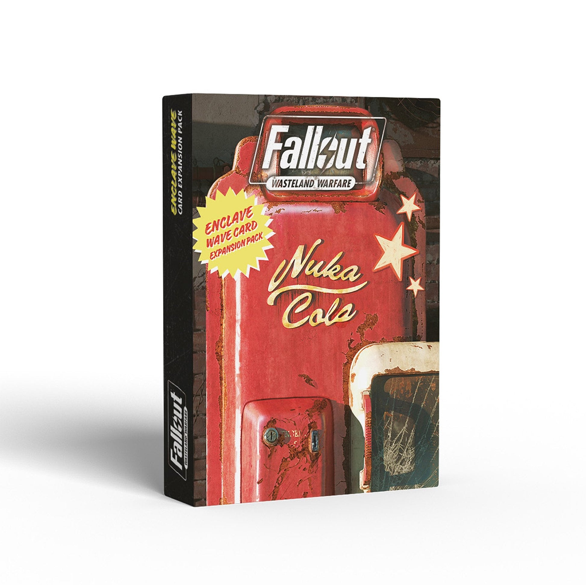 Fallout: Wasteland Warfare Enclave Wave Card Expansion Pack box with a weathered red Nuka-Cola machine on the front