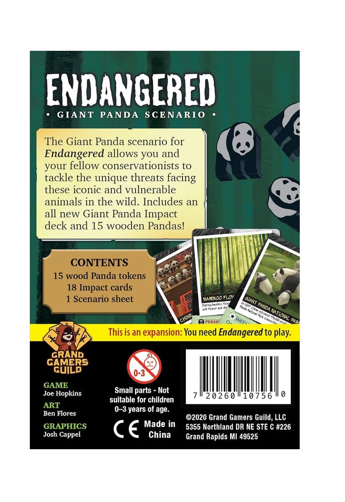 Back of "Endangered: Giant Panda Scenario" board game expansion box. Features title, three pandas, and game cards.