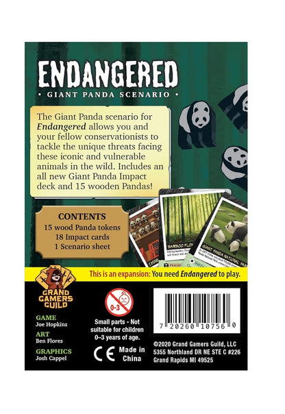 Back of "Endangered: Giant Panda Scenario" board game expansion box. Features title, three pandas, and game cards.