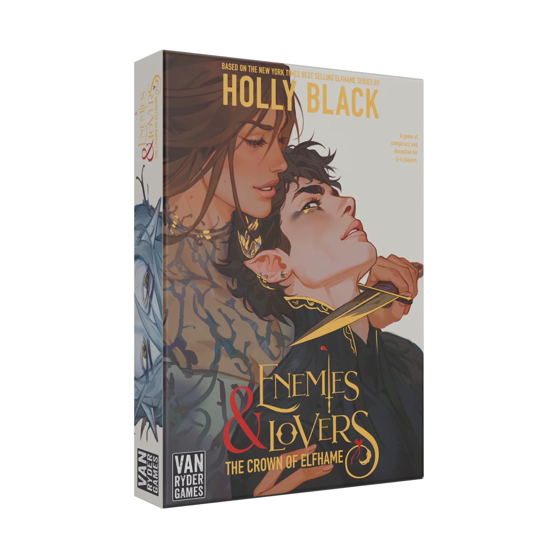 Game box art featuring a woman holding a golden dagger to the neck of an elf man. Title: Enemies & Lovers
