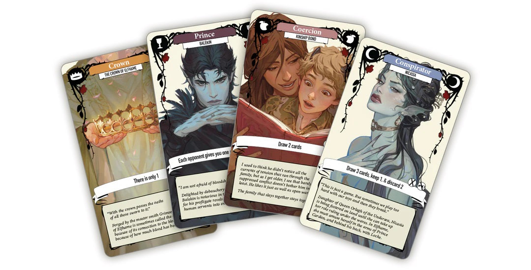 Four illustrated fantasy game cards, including "Crown", "Prince", "Coercion" and "Conspirator".