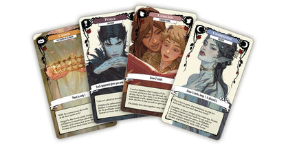 Four illustrated fantasy game cards, including "Crown", "Prince", "Coercion" and "Conspirator".